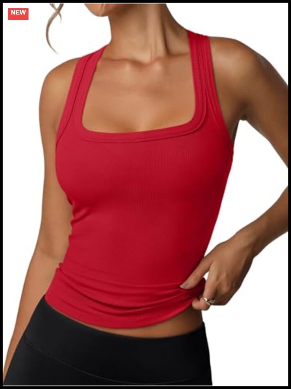 Built in Bra Tank Top Racerback Square Neck Ribbed Sleeveless Summer